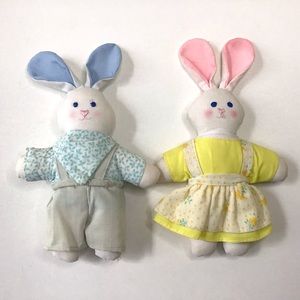 Vintage Bunny Rabbit Stuffed Cloth Dolls 7.5” Farmhouse Country Cottage Decor